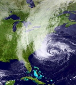Satellite image of Hurricane Sandy bearing down on the East Coast of the United States.
