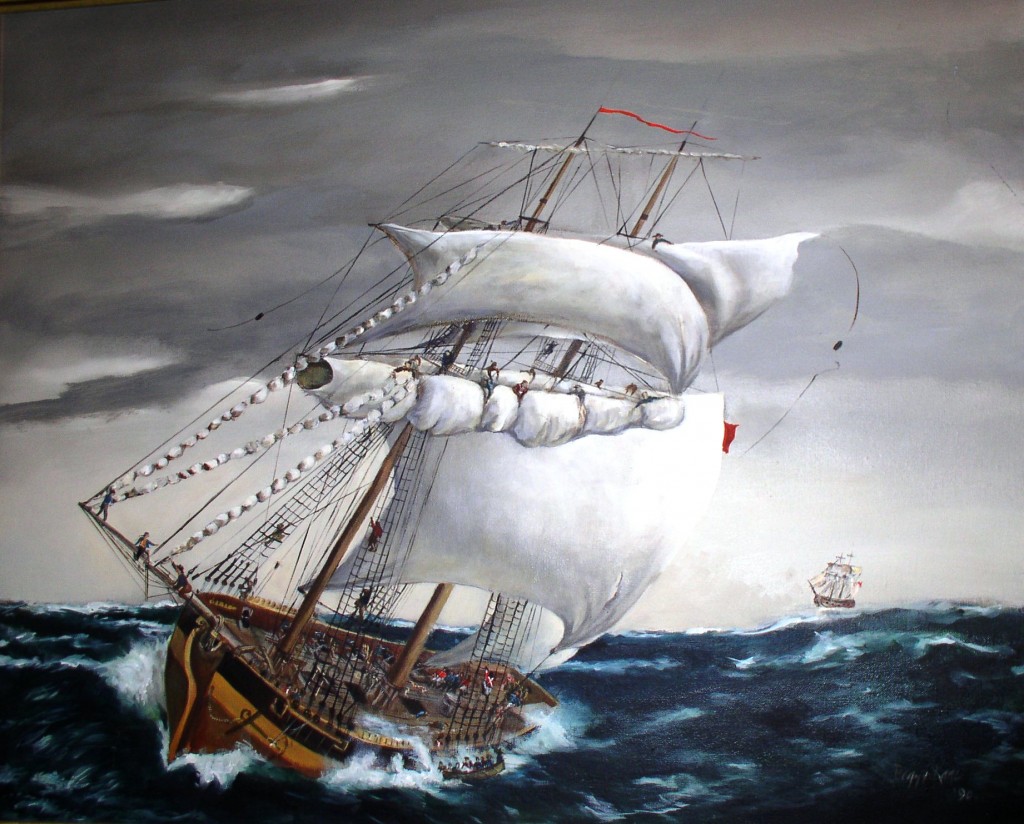 Artistic rendition of the capsizing of the DeBraak by Peggy Kane, 1990.