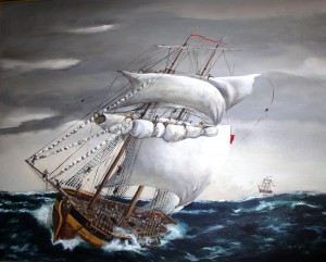 Artistic rendition of the capsizing of the DeBraak by Peggy Kane, 1990