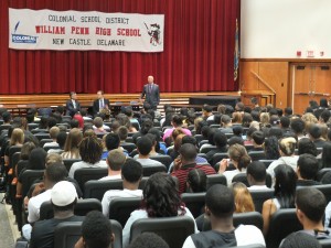 Governor Markell address the senior class of William Penn High School.