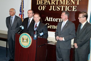 Attorney General Matt Denn with some of the sponsors of online privacy legislation (L to R – Rep. Michael Barbieri, Rep. Earl Jaques, Attorney General Denn, Rep. Bryon Short, and Rep. Michael Ramone).