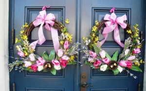 Wreaths made with tulips that were recently installed on the front doors of the Zwaanendael Museum by the Sussex Gardeners.