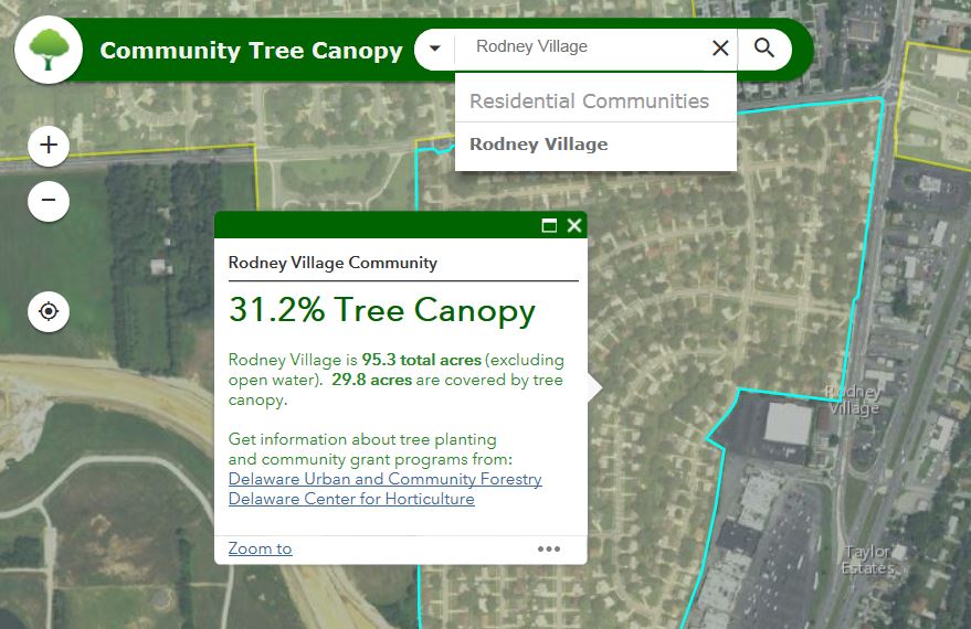 This maps shows the Rodney Village subdivision near U.S. 13 in South Dover. A new GIS tool from the Department of Agriculture's Forest Service shows that the community has a current tree canopy level of 31.2 percent. 