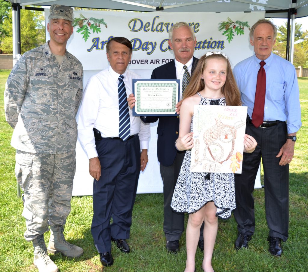 Statewide winner Alaina Stecher with (from left) Commander Randy Boswell, Dover Mayor Robin Christiansen, Delaware Agriculture Secretary Michael Scuse, and U.S. Senator Thomas Carper.