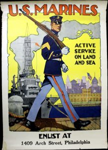 “U.S. Marines—Active Duty on Land and Sea.” Poster by Sidney H. Reisenberg, 1917. Part of the online exhibit, “Drawing America to Victory: The Persuasive Power of the Arts in World War I.”