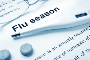 graphic of the words flu season, a thermometer and aspirinr