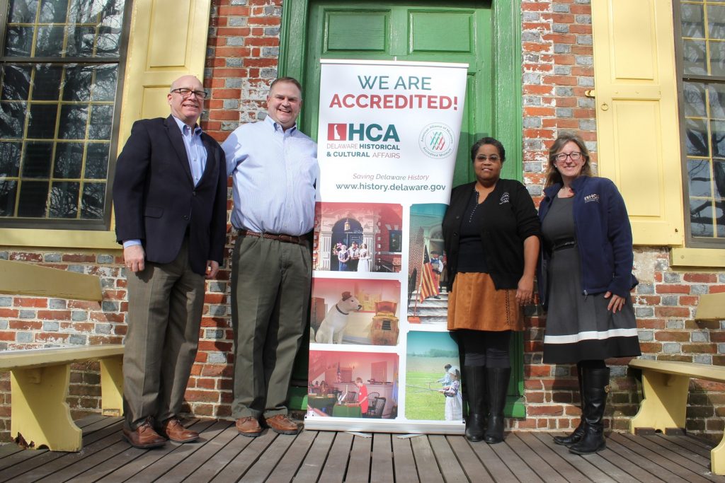 State Sen. Colin Bonini visits the John Dickinson Plantation in celebration of the Division of Historical and Cultural Affairs’ accreditation by the American Alliance of Museums. From left: division director Tim Slavin, Bonini, site-supervisor Gloria Henry and historic-site interpreter Vertie Lee