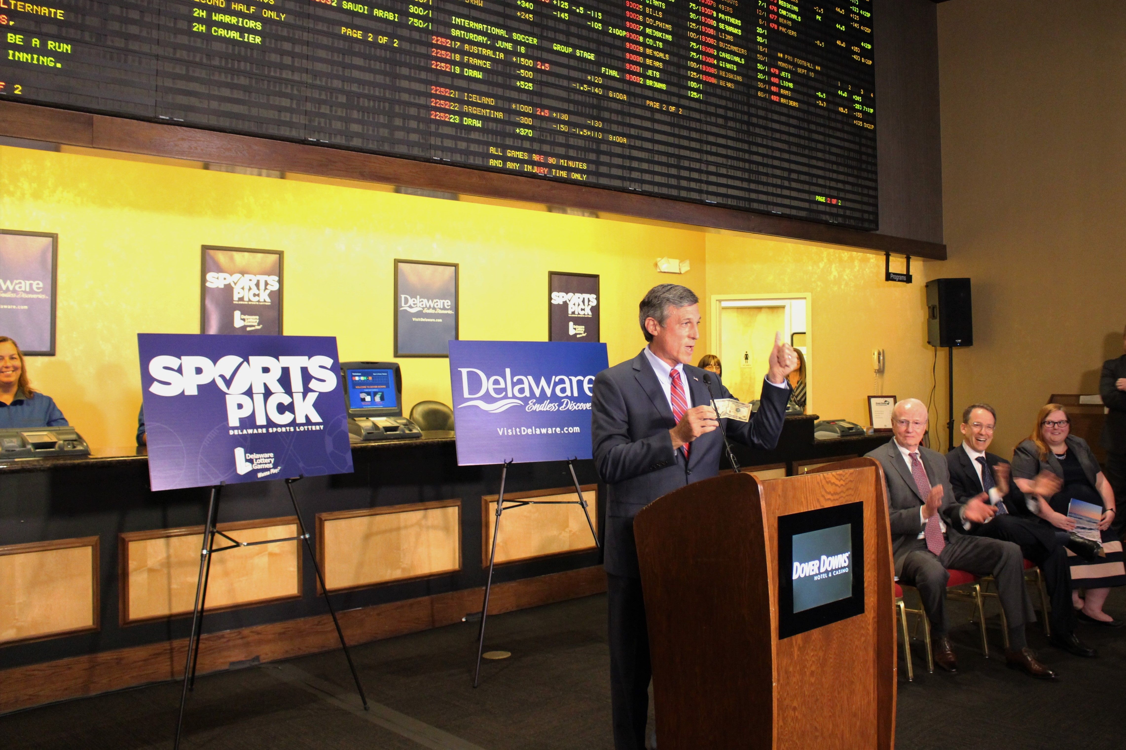 Photo of Governor Carney at Dover Downs for the SportsPick Launch