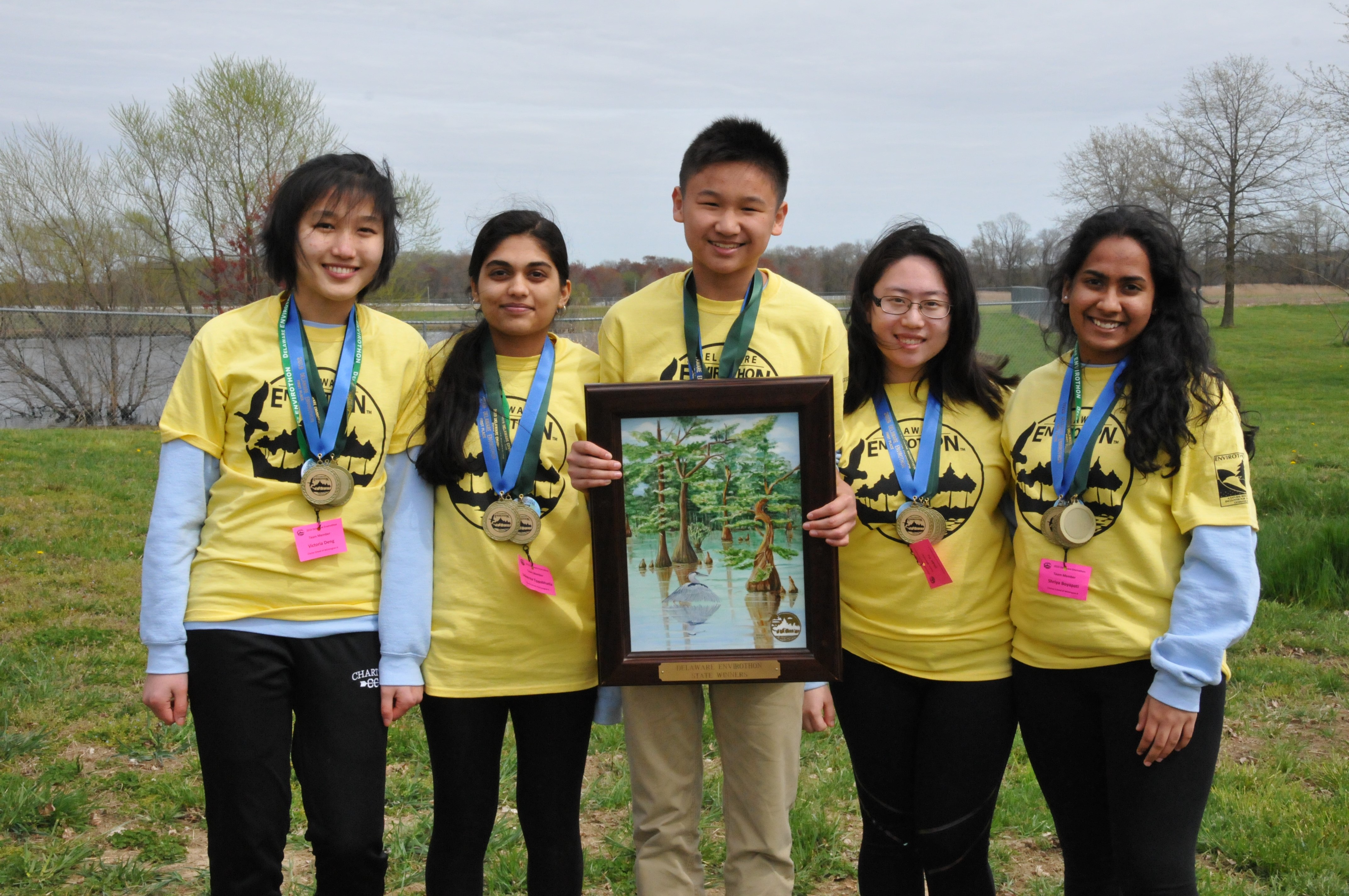 First Place Delaware Envirothon: Wilmington Team A, left to right: Victoria Deng, Udeerna Tippabhatla, Darren Wu, Shan Yu, and Shriya Boyapati. DNREC photo. (Additional photos available by request.)