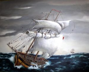 Artistic rendition of the capsizing of the DeBraak by Peggy Kane, 1990. The ship and its sinking will be explored in the program “The Wooden World Revealed” at the Zwaanendael Museum on May 21, 2022.