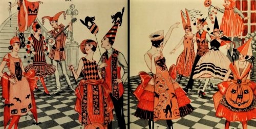 Illustration from a 1920s advertisement for crêpe paper which could be used to create Halloween costumes