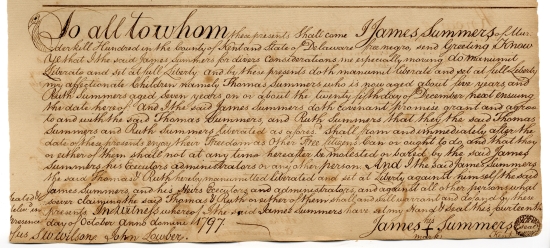Photo of the 1797 manumission document in which James Summers freed his own children from slavery.