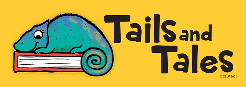 Cartoon lizard on a book with text that reads "Tails and Tales"