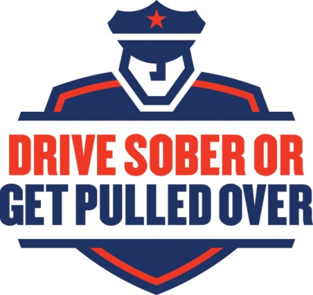 drive sober or get pulled over logo text with generic police officer looking at viewer in red and blue colors
