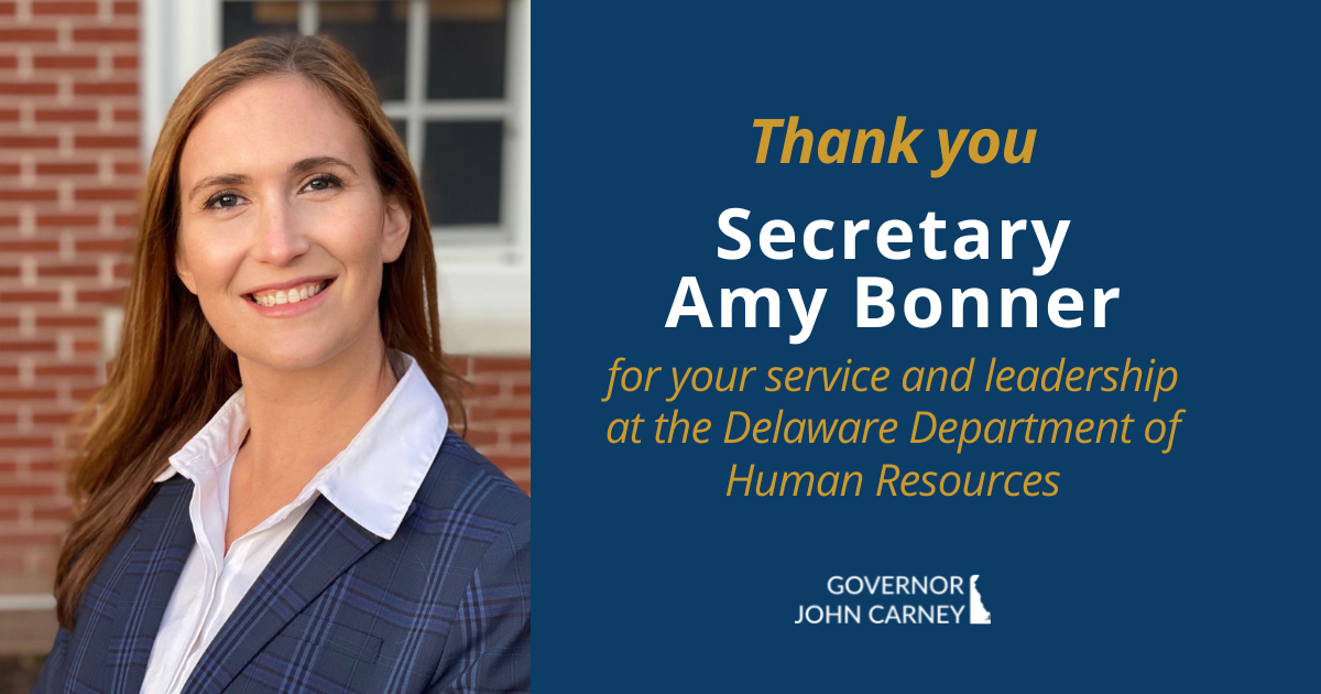 A photo of Secretary Amy Bonner with text that reads: "Thank you Secretary Amy Bonner for your service and leadership at the Delaware Department of Human Resouces"