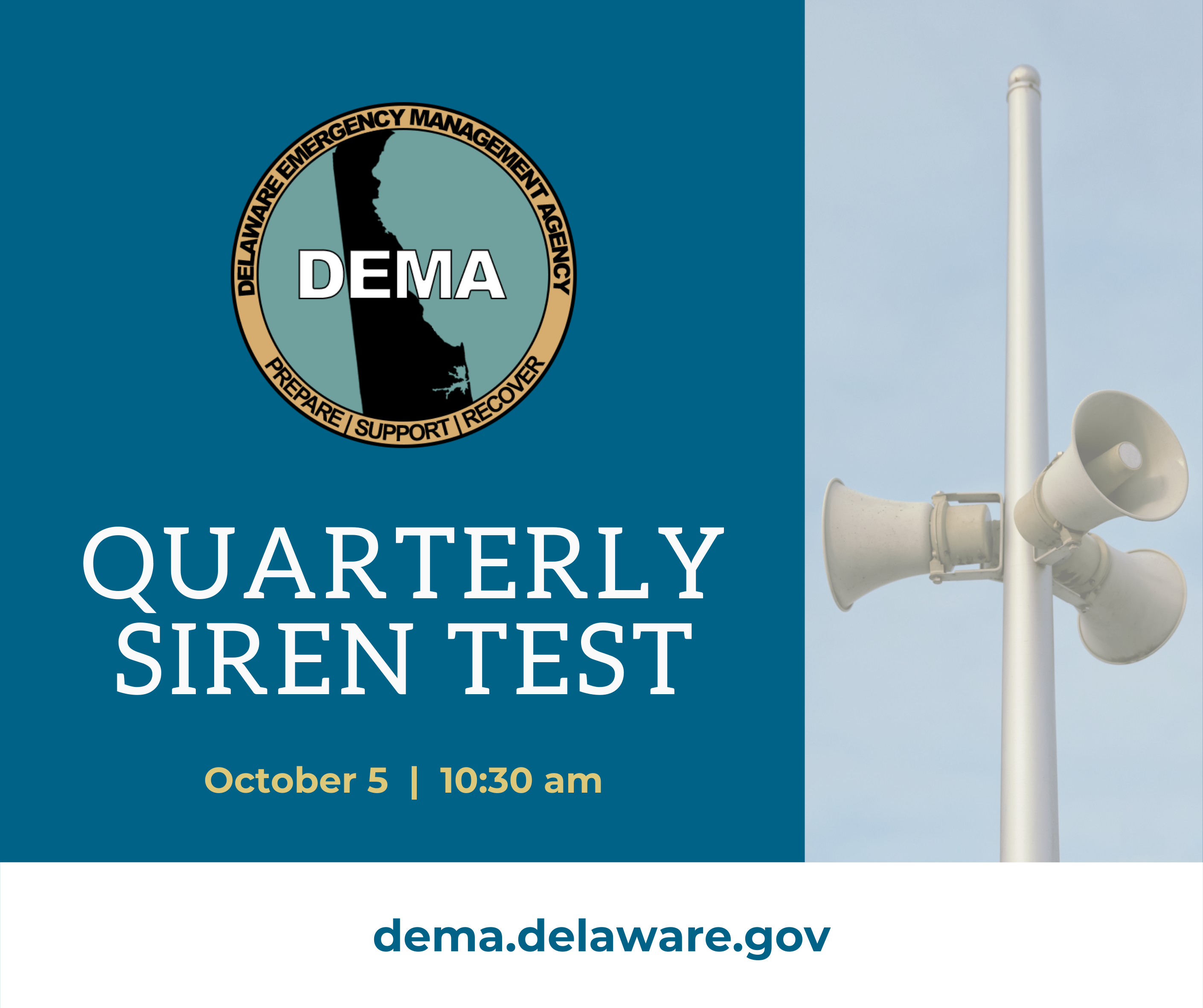 Image of a siren tower with the words Quarterly Siren Test October 5 at 10:30am and the DEMA logo
