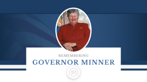 Photo of Governor Ruth Ann Minner with text that reads, "Remembering Governor Minner"