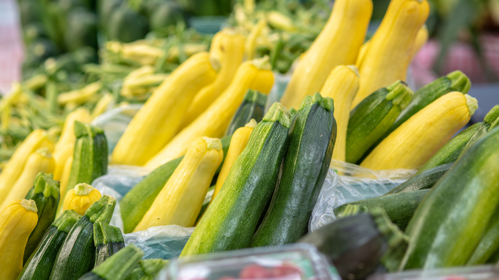 Yellow squash and green zucchini on display at a vendor booth at a Delaware farmers' market
