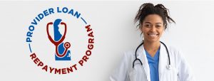 Photo of health care provider in white coat and a logo in red and blue that says: PROVIDER LOAN REPAYMENT PROGRAM
