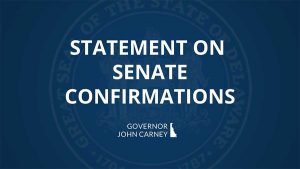 Graphic with blue background. Statement on senate Confirmations.