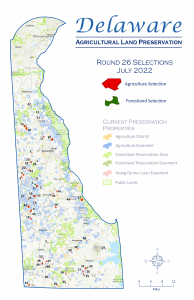 Map of Delaware depicting all the agricultural easements,
