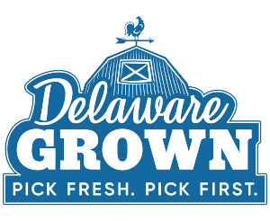 Delaware Grown logo with blue barn and chicken weather vane with the words Delaware Grown Pick Fresh, Pick First.