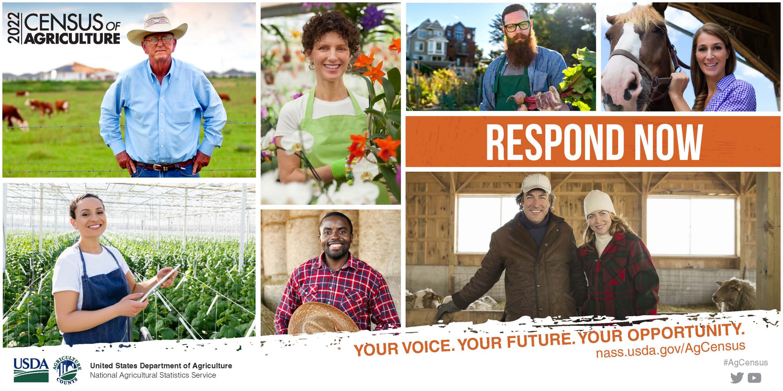 2022 Census of Agriculture. Respond Now. Your Voice. Your Future. Your Opportunity. nass.usda.gov/AgCounts Photo collage with rancher and cows, woman in greenhouse, woman with cut flowers, man involved with urban agriculture, minority farmer with stacks of round bales of hay behind him, woman with horse, young couple building a barn