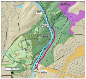A tan and green map showing Brandywine Creek State Park and the Brandywine Creek with the section of the Brandywine Trail to close highlighted in purple.