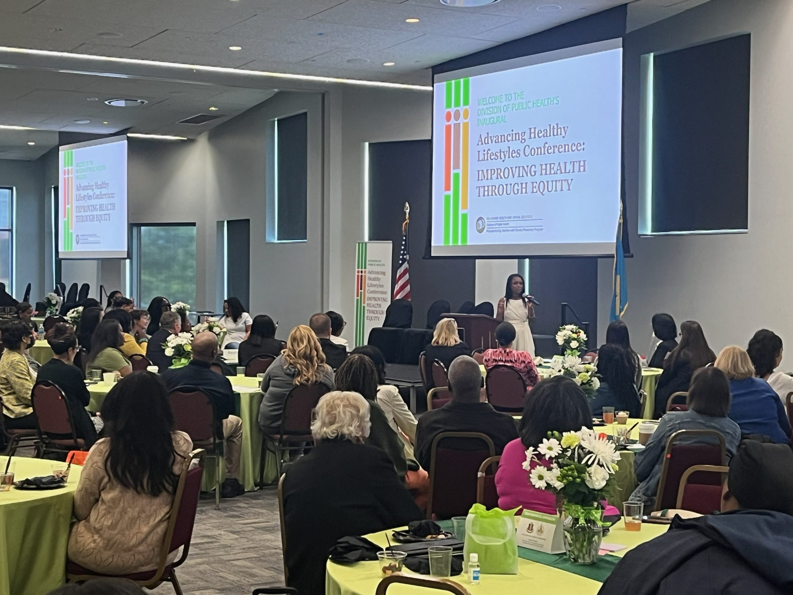 On Thursday, May 18, 2023, Dominique Dawes, U.S. Olympian and keynote speaker, addresses conference participants at Delaware State University's Martin Luther King Jr. Conference Center./Photo courtesy of Justin Windheim