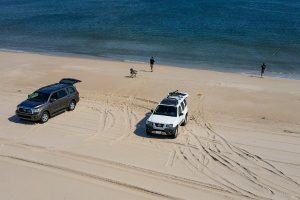 Two sports utility vehicles, one dark in color and one white, are parked on a Delaware State Parks multi-use beach with anglers fishing in the water.