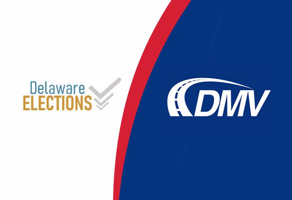 logo for elections on white background and logo for DMV on blue background