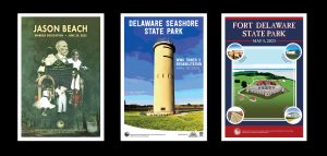 Three posters are arranged from left to right. The first poster features the Jason Beach Historical Marker, the second features World War II Tower 3 along Route 1 in Delaware Seashore State Park. The third photo features Fort Delaware State Park's grounds and buildings. 