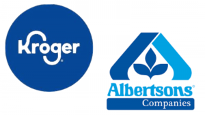 Logos of Kroger and Albertsons supermarket chains