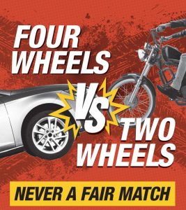Image of car and motorcycle crashing. Four wheels vs two wheels. Never a fair match