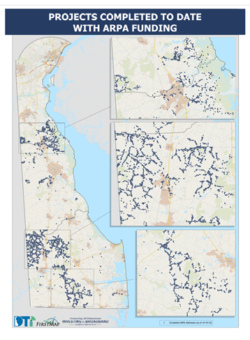 Map of all Delaware homes and businesses connected with broadband funded by the American Rescue Plan Act