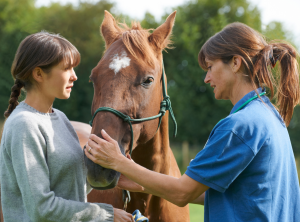 Female owner holding chestnut horse while female veterinarian checks for a pulse.