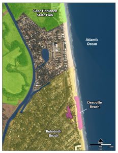 A map shows the location of Deauville Beach between Rehoboth Beach and Cape Henlopen State Park situated along the coast of the Atlantic Ocean.