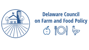 DDA logo next to the words Delaware Council on Farm and Food Policy, underneath their are icons of an apple, food plate with fork and knife, and chicken