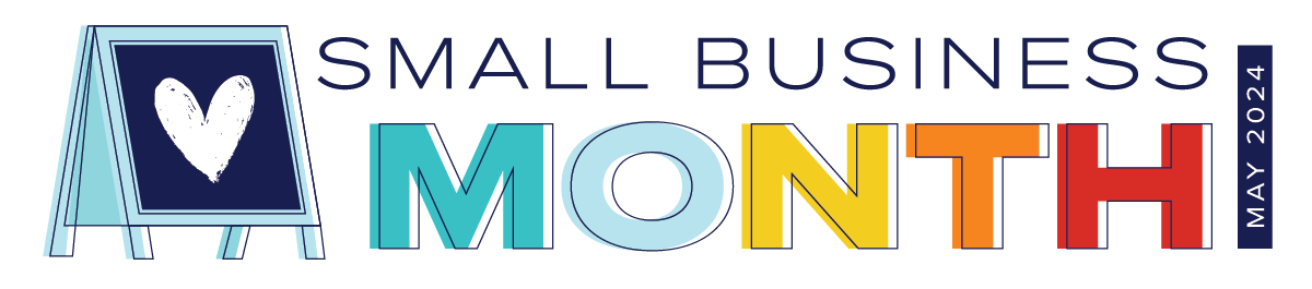 Small Business Month logo. That text is on the right, stacked. On the left of the rectangular logo is a sandwhich board with a dark blue background and white heart inside.