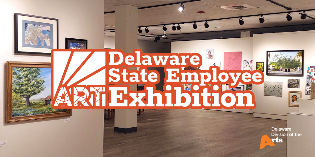 An art gallery in the background with the logo for the Delaware State Employee Art Exhibition logo and the Delaware Division of the Arts logo