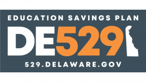 DE529 Logo. White DE with 529 in orange next to white silhouette of the map of Delaware. Logo also includes the words Education Savings Plan and the url 529.delaware.gov