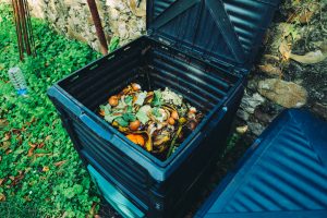 A backyard composting bin