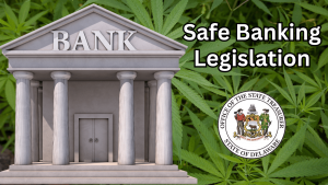 Graphic of a bank building in front of a background of marijuana plans. Also includes the words "Safe Banking Legislation," and the seal of the office of the Delaware State Treasurer.