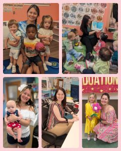 Multiple photos of Corinne Tressler holding small children in a classroom setting.
