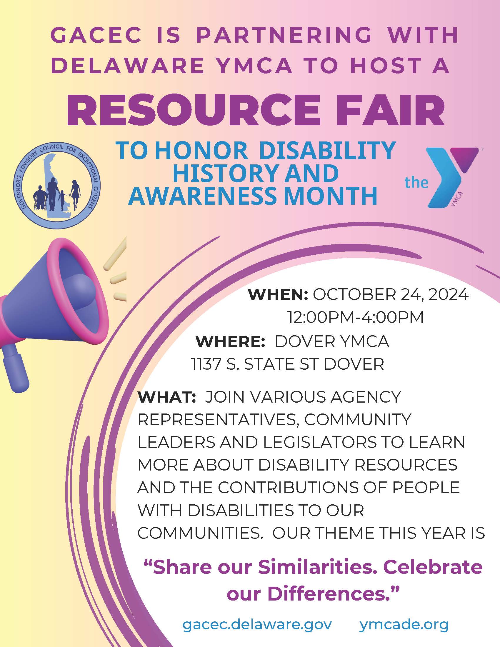 Disability History and Awareness Month Resource Fair on October 24th, 2024. Event will take place from 12:00pm to 4:00pm at the Dover YMCA