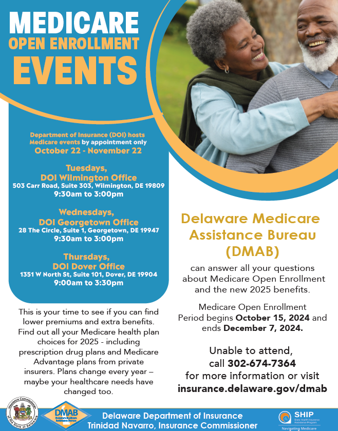 MEDICARE OPEN ENROLLMENT EVENTS Tuesdays, DOI Wilmington Office 503 Carr Road, Suite 303, Wilmington, DE 19809 9:30am to 3:00pm Wednesdays, DOI Georgetown Office 28 The Circle, Suite 1, Georgetown, DE 19947 9:30am to 3:00pm Thursdays, DOI Dover Office 1351 W North St, Suite 101, Dover, DE 19904 9:00am to 3:30pm Delaware Medicare Assistance Bureau (DMAB) This is your time to see if you can find lower premiums and extra benefits. Find out all your Medicare health plan choices for 2025 - including prescription drug plans and Medicare Advantage plans from private insurers. Plans change every year – maybe your healthcare needs have changed too. Unable to attend, call 302-674-7364 for more information or visit insurance.delaware.gov/dmab Delaware Department of Insurance Trinidad Navarro, Insurance Commissioner can answer all your questions about Medicare Open Enrollment and the new 2025 benefits. Medicare Open Enrollment Period begins October 15, 2024 and ends December 7, 2024. Department of Insurance (DOI) hosts Medicare events by appointment only October 22 - November 22