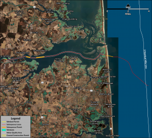 This map illustrates the route for the US Wind project for the cables, from the 3-mile mark offshore in the Atlantic Ocean to 3R's Beach at Delaware Seashore State Park, under the Indian River Bay, and then connecting near the former Indian River power plant.