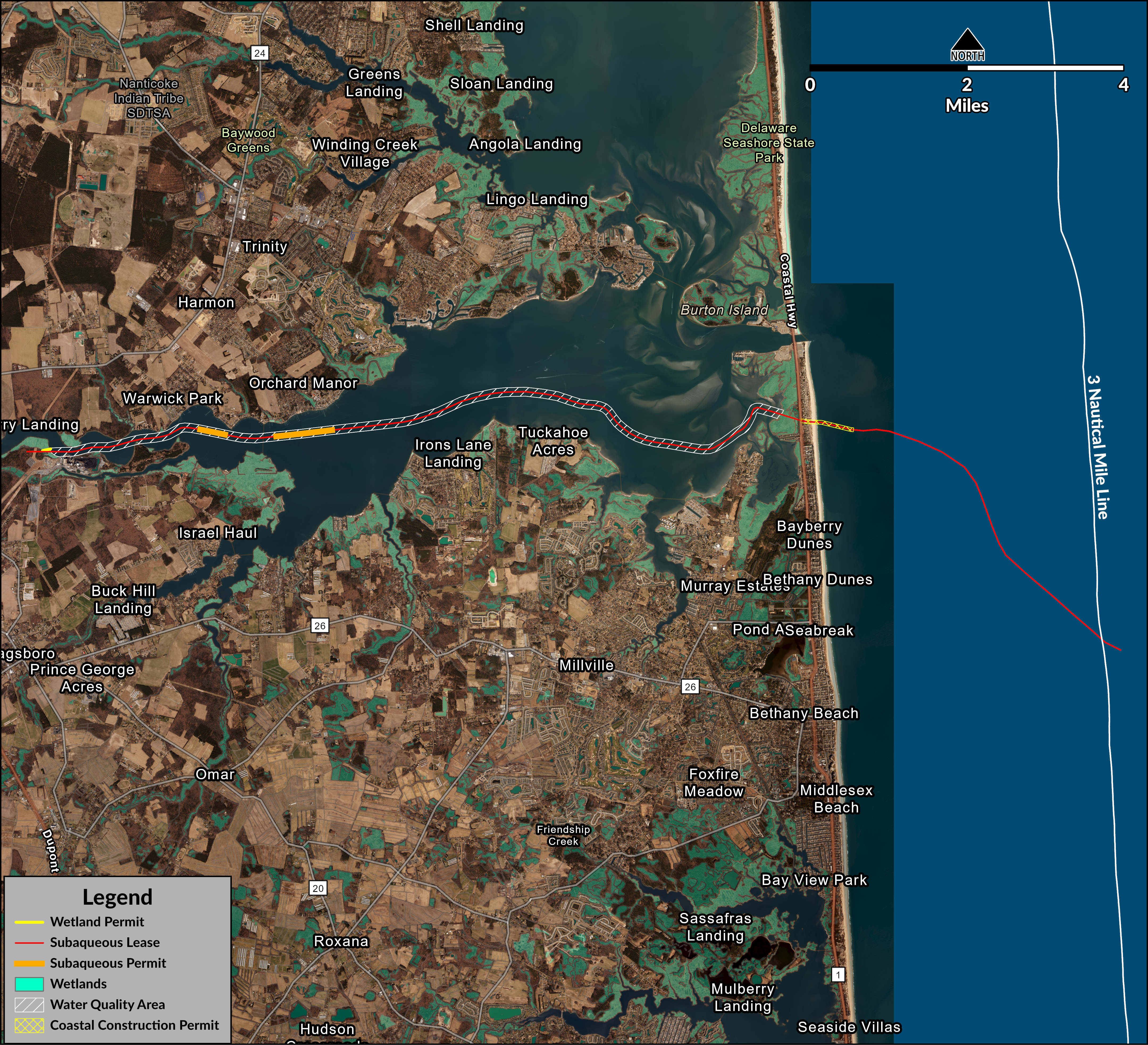 This map illustrates the route for the US Wind project for the cables, from the 3-mile mark offshore in the Atlantic Ocean to 3R's Beach at Delaware Seashore State Park, under the Indian River Bay, and then connecting near the former Indian River power plant.