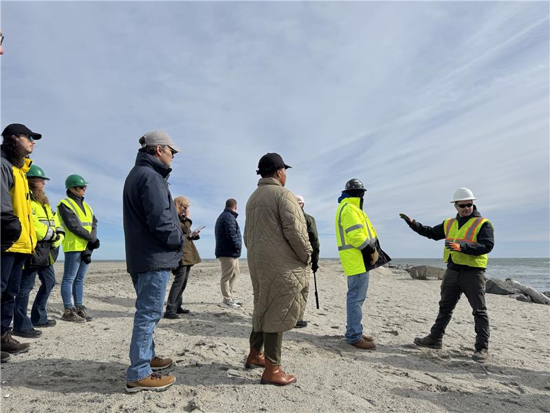 A group of people stands on the beach