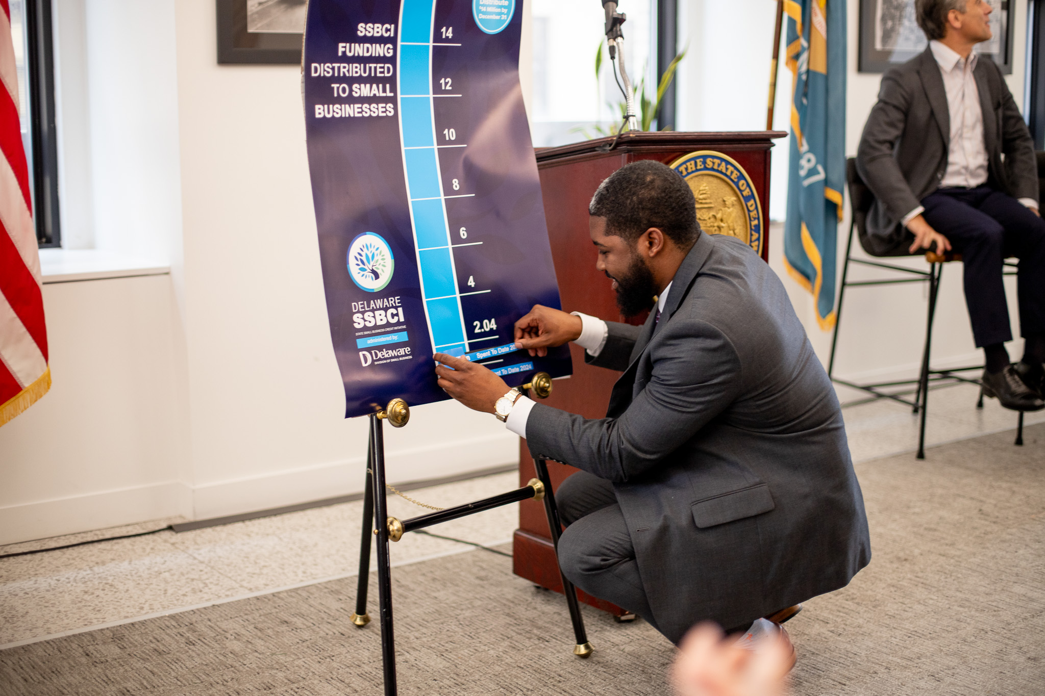 Director CJ Bell kneels before an easel with a poster where he places the amount of funding distributed in 2025 under the SSBCI program.